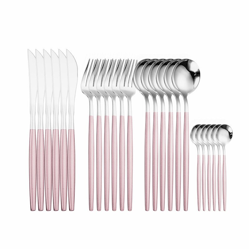 Goud Servies Set 24 Stuk Gouden Bestek Set Roestvrij Staal Servies Sets Bestek Zilverwerk Mes Vork Lepel Box Set: pink silver 6sets