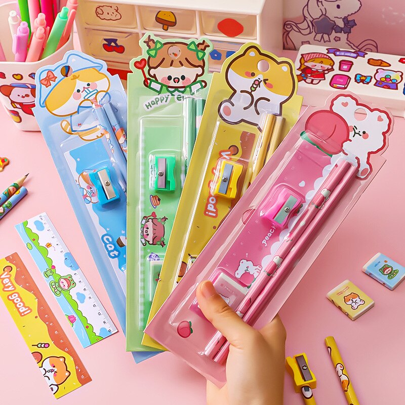 5 In 1 Cartoon Stationery Set Students Learn Pencil Sharpener Eraser Ruler School Drawing Tool Sketch Supplies Kindergarten