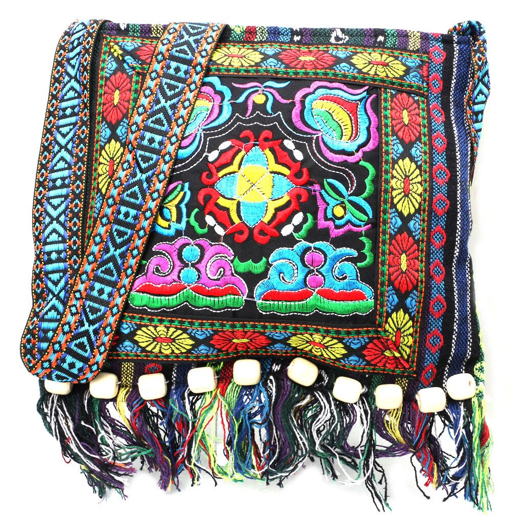 Bolso de hombro Vintage Hmong Tribal étnico tailandés indio Boho bolso de mensaje tapiz bordado hecho a mano de lino: B