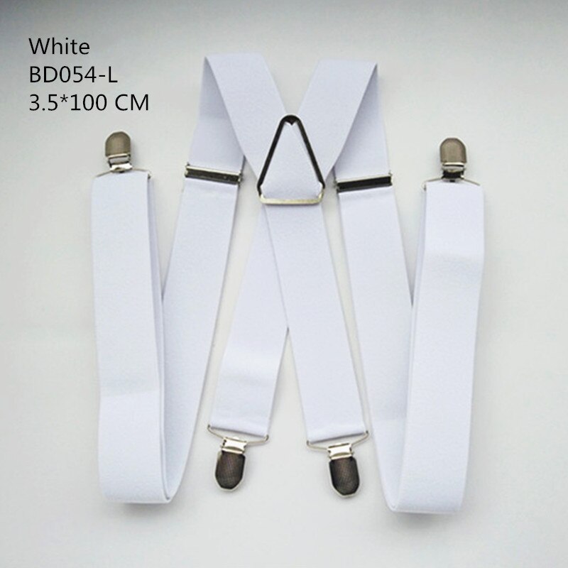 Solid Color Unisex Adult Suspenders Men XXL Large Size 3.5 cm Wide Adjustable Elastic 4 Clips X Back Women Trousers Braces Party: White-100cm