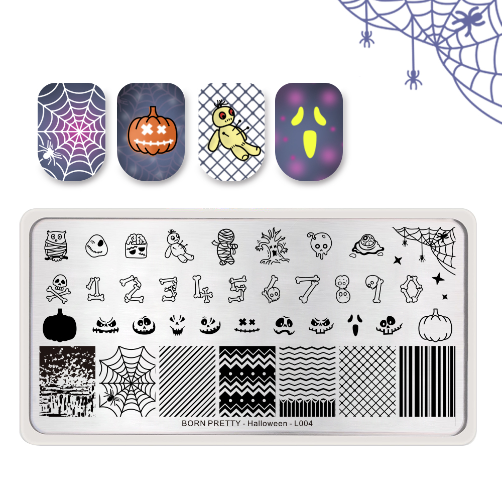 Født pen stempling plater blomster gresskar lykt flaggermus bland bilde rektangel rustfritt stål neglekunst mal halloween tema: Halloween -l004