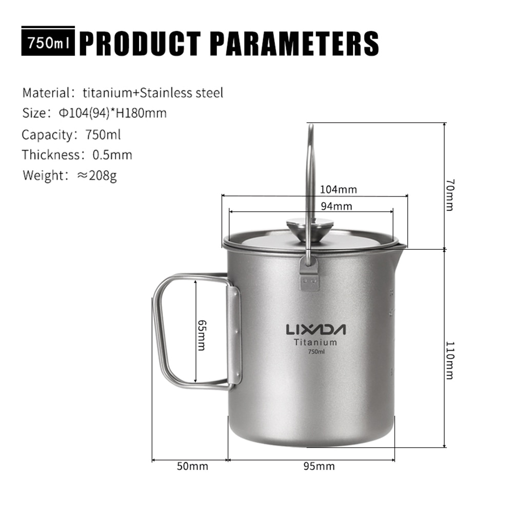 Lixada 750Ml Titanium Cup Koffie Cup Mok Franse Pers Pot Koffie Maker Met Deksel Outdoor Camping Koken Pot