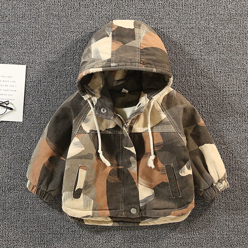 Buitenlandse Jongen Dikke Jas Herfst En Winter Kleding Kinderen Camouflage Korte Plus Fluwelen Windjack Jongen Tij