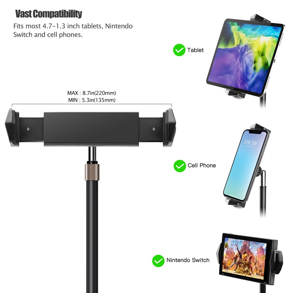 Height Adjustable Aluminum Tablet Stand (Max Height 17.7") Tall Desk/Floor Rotatable Tablet Holder for iPad Tab Kindle (4.7-13")