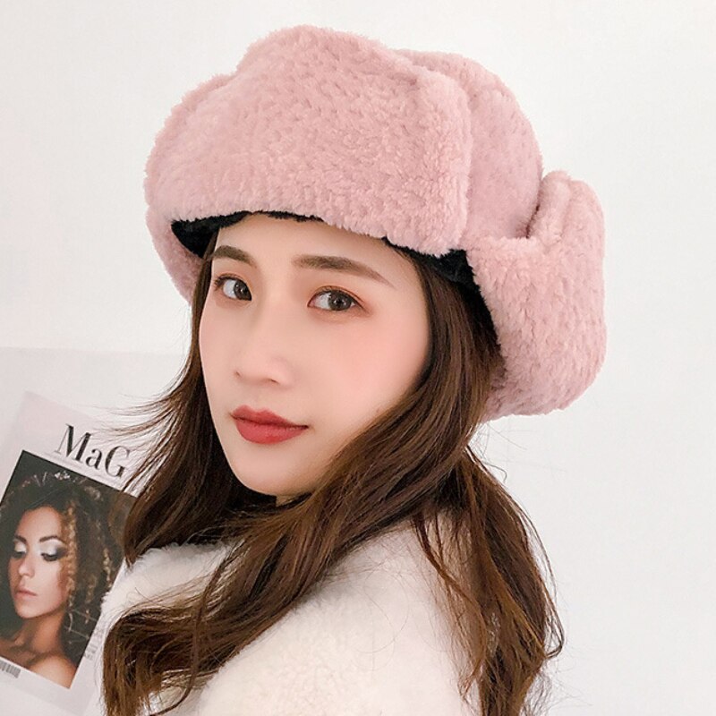 HT3436 Women Winter Hat Thick Warm Berber Fleece Russian Hat Ladies Black Pink Russian Trapper Ski Earflap Cap Female Bomber Hat