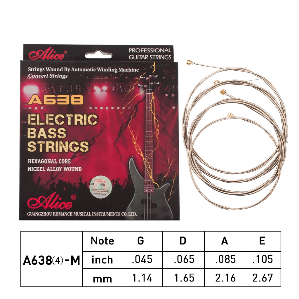 Alice elektriske basstrenge  a638(4)- m nikkellegering viklede strenge 0.045-0.105 tommer til elektrisk bas