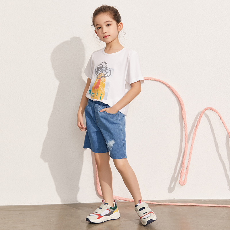 Happy Cherry - Jeansshort voor meisjes, baggy broek, denim tieners met elastische band, kinderjeansbroek, zomer - 5-14 jaar, Blauw hart, 130-140