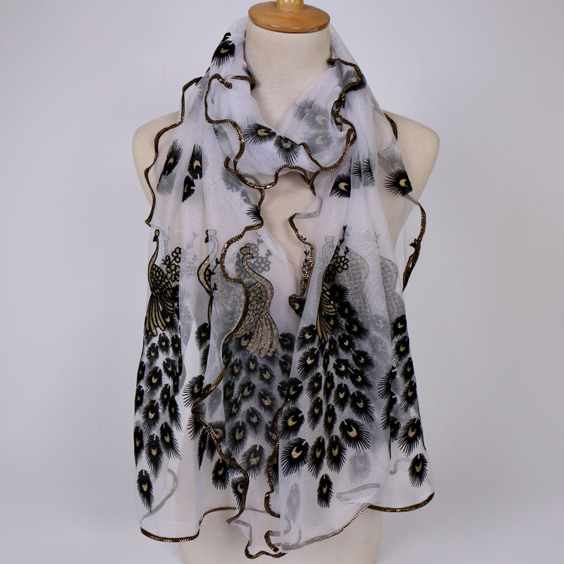 Peacock Flower Print Scarf Shawl Wrap Women Multi-Color Pashmina Scarf Soft Veil Stoles Scarves Popular Neckscarf Hijabs: Khaki