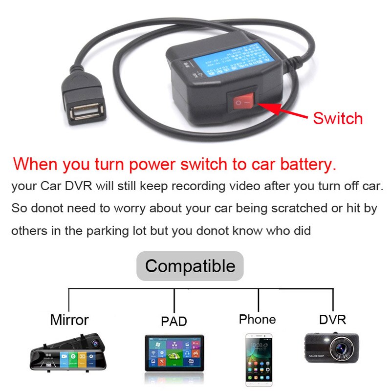 24Hours USB Port 5V 3A Car Charging Cable OBD Hardwire Cord 0.5Meters With Switch For Dash Cam Camcorder Vehicle DVR