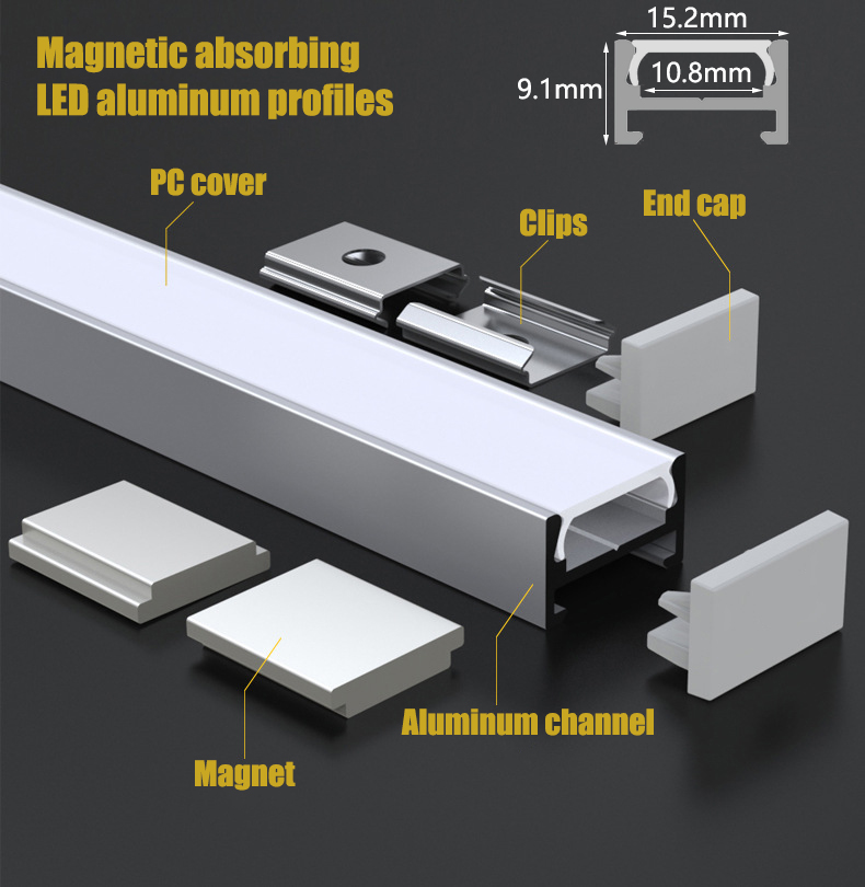 Tira de luces Led de perfil de aluminio negro/plateado, difusor de 2835 5050 canales, iluminación de línea de pared interior, barra de luz magnética para armario de cocina
