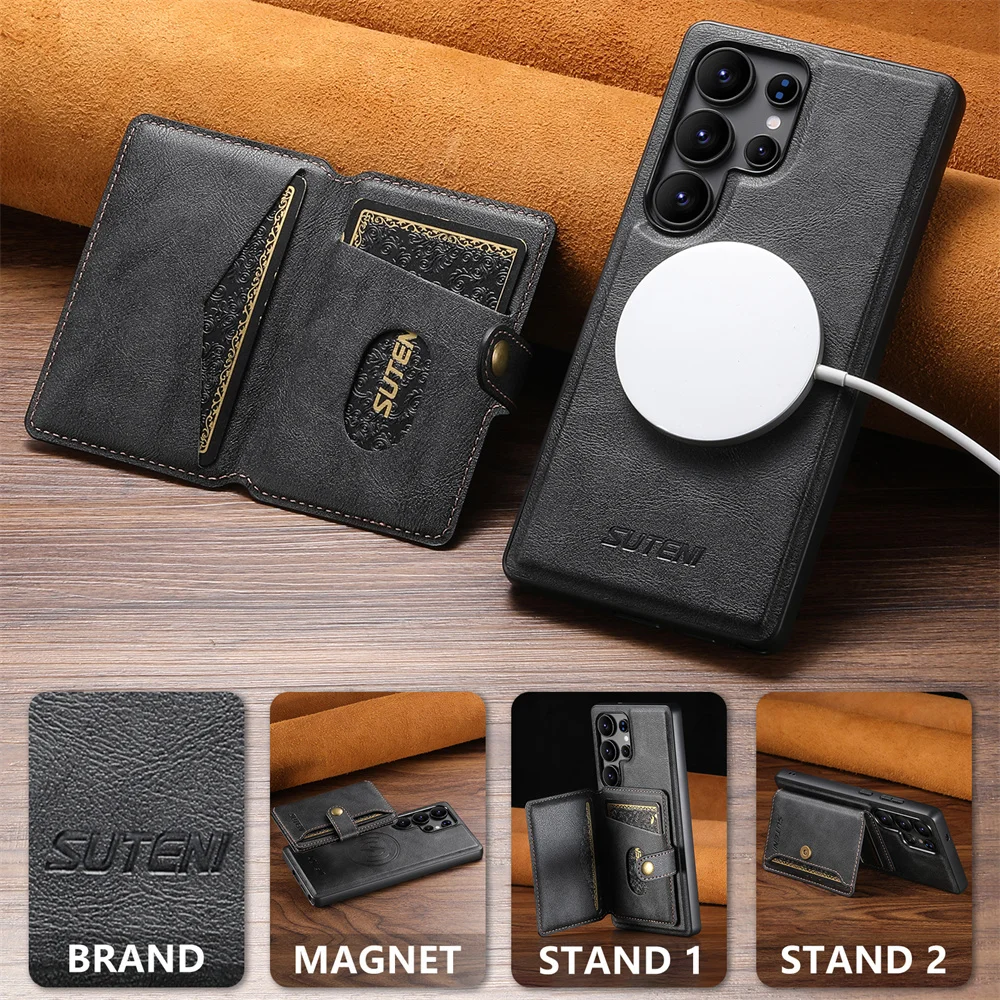 Magsafe afneembare magnetische portemonnee met kaarthouder telefoonhoesje voor galaxy  s25 s24 s23 s22 ultra, beschermhoes van pu-leer