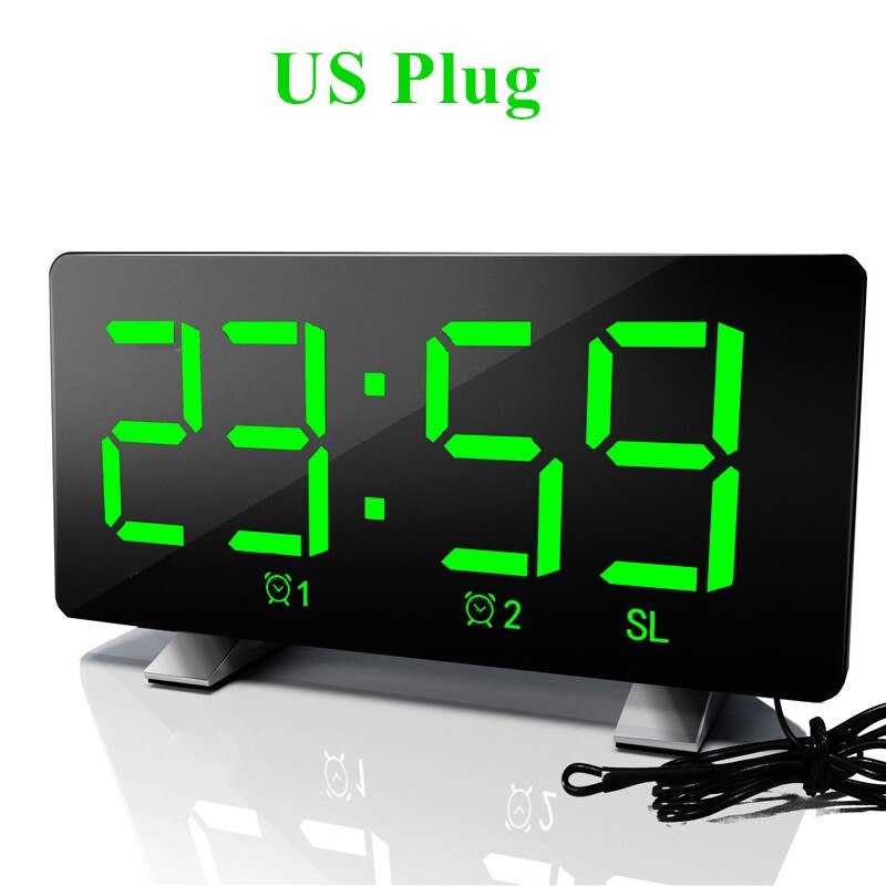 6 tums fm-radio väckarklocka stor led-skärm stöd för dubbla larm snooze tidsminnesfunktion med usb-laddningsport eu/us-kontakt: Green-us-kontakt