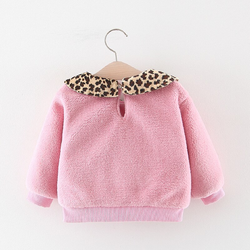 Vinter varm bebis flickor tecknad katt leopard kavajkrage förtjocka fleece sweatshirts barn barn huvtröjor ytterkläder