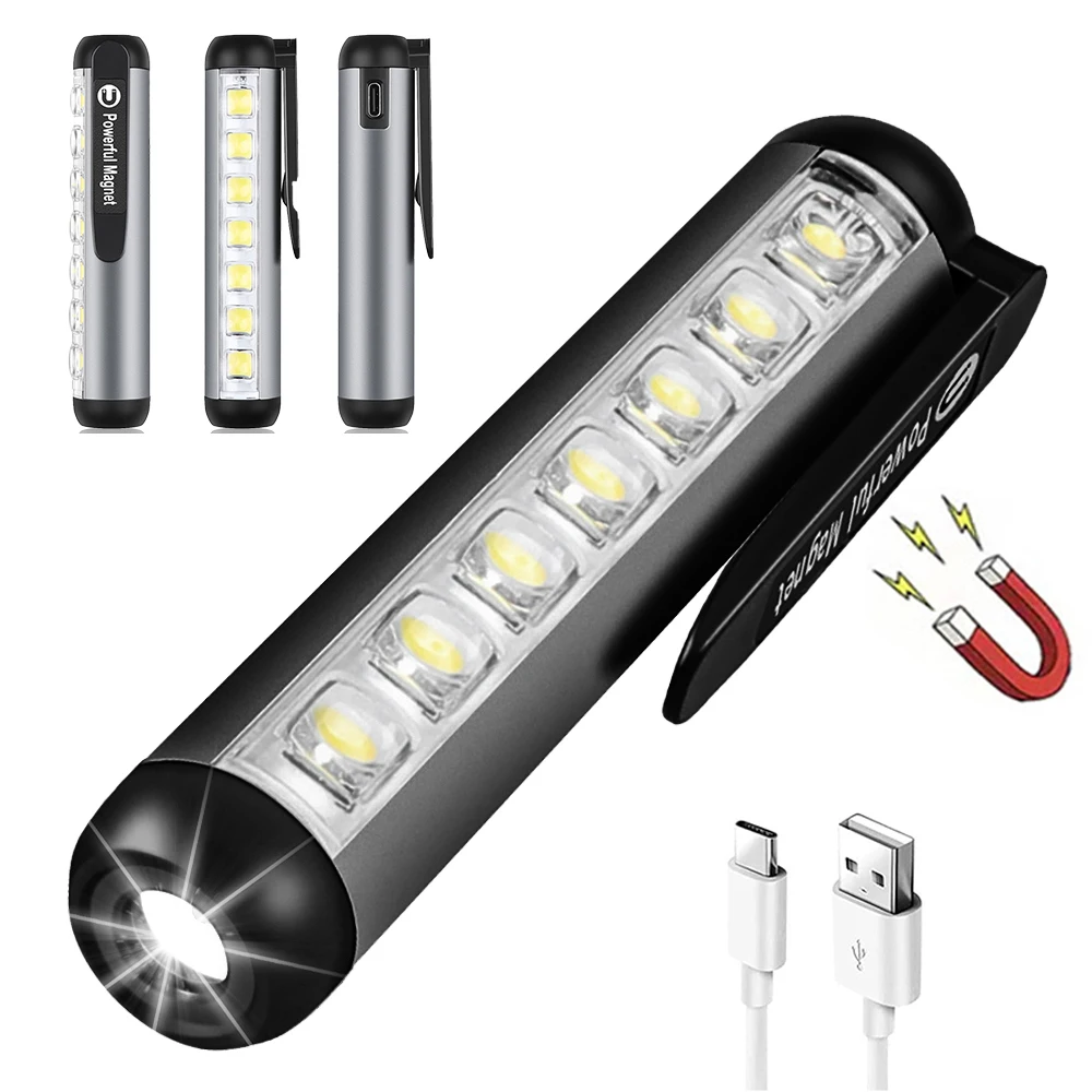 USB oplaadbare mini LED-zaklamp met clipmagneet Werklamp Lantaarn Draagbare noodtype-C-lamp Waterdichte zaklamp