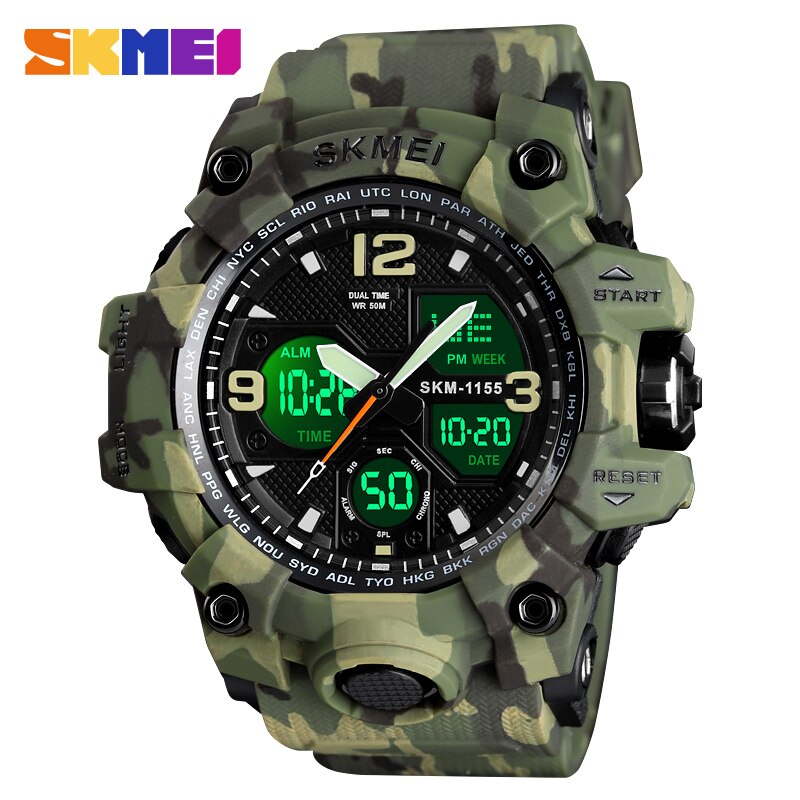 Skmei luminous dual display herre sportsure mandlige quartz armbåndsur stopur automatisk dato alarm elektronisk ur 1155b farve: Grøn camouflage