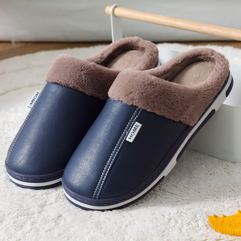 Men's Slippers Home Winter Plush Waterproof Leather Warm Shoes Thick Bottom House Slipper Man Indoor Cotton Slippers Women Shoes: A-6 / 44-45