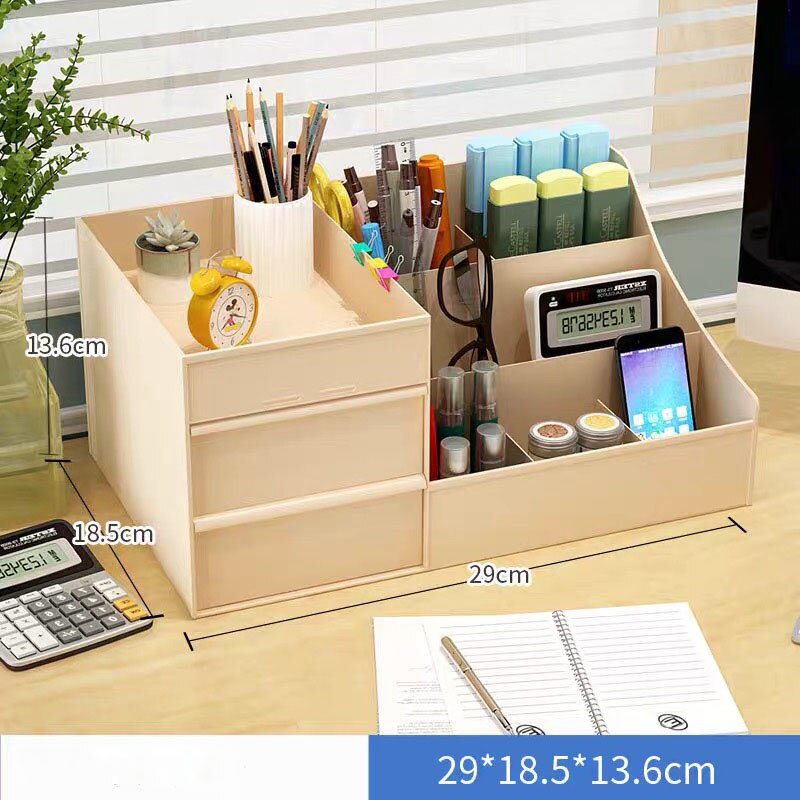 Pen Holder for Desk, Plastic Pencil Organizer Holder, Cute Pen Organizer Storage with Drawer, Ideal for Office, Classroom,: Beige