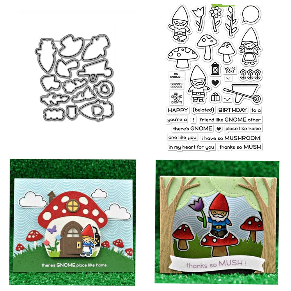 Oh gnome-stämpel på stranden, buntar med genomskinliga stämplar och metallstansar för gör-det-själv-pyssel, kort, scrapbooking, dekoration: S / Krämvit
