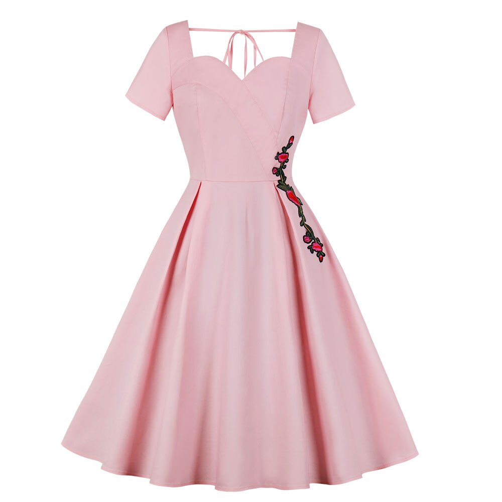 bordado Floral mujeres vestido Retro estilo Rosa escote corazón mangas cortas 60s Vintage vestido verano Vestidos: L
