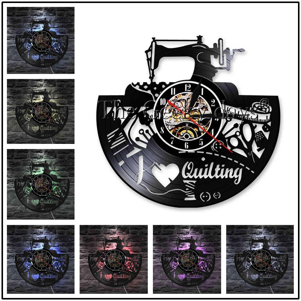 J'aime coudre vinyle Record horloge murale reloj de pared Vintage Quilting Machine à coudre horloge montre couturière femmes mère: Blue / 12 Inch Without LED