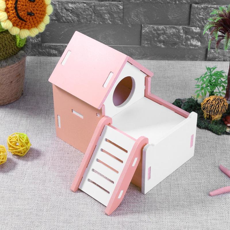 Miljövänligt trä söt hamsterhus visning däck stege små husdjur råtta mus koja bon små djur burar