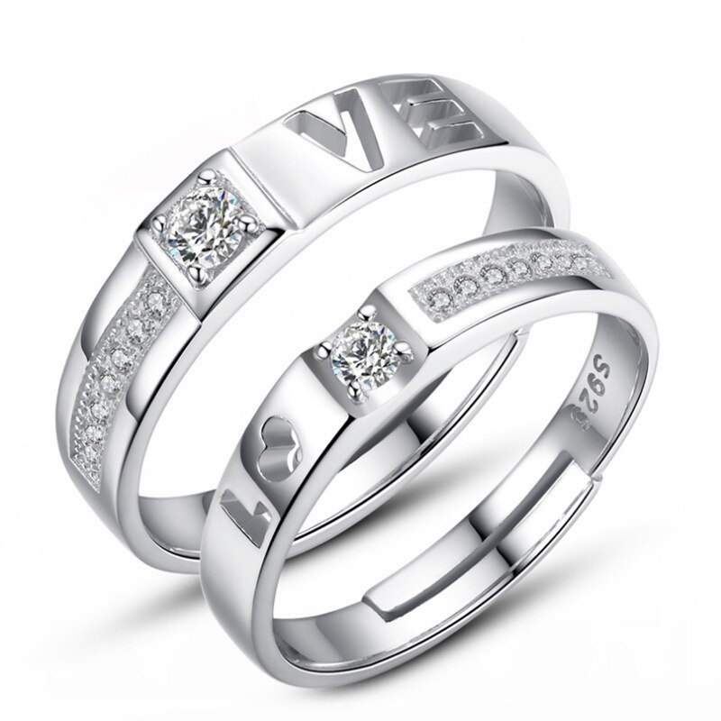 925 Sterling Zilver Romantische Liefde Brief Shiny Crystal Liefhebbers Paar Trouwringen Sieraden Vrouwelijke Mannen Vinger Open Ring