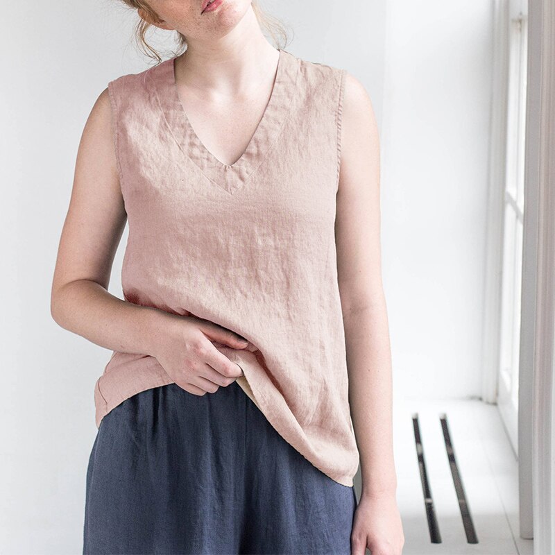 Débardeur sans manches en lin à col en v pour femme, haut Long décontracté, ample, couleur unie, grande taille, été,: S / Regular Pink