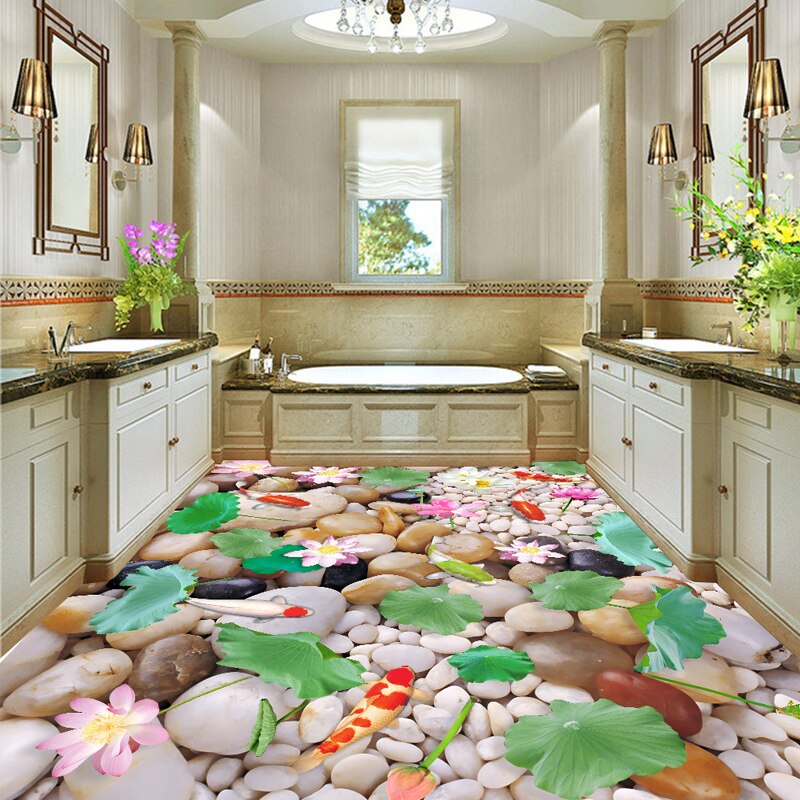 Floor Stickers Waterproof Tiles Pond Koi Fish Floor Murals Pebbles Home Decoration