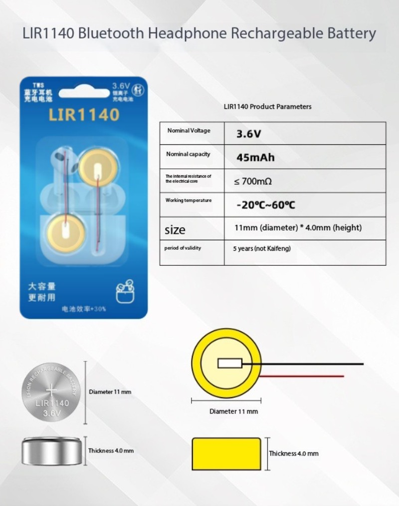 3.6V 45mAh LIR1140 Steel Shell Button Battery for TWS Bluetooth Headset Battery