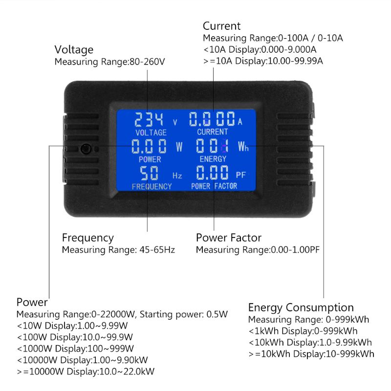 Ac 100a 6 i 1 digital strøm energiovervåkning spenningsstrøm kwh watt meter  ac 80 ~ 260v 110v 220v med delt ct