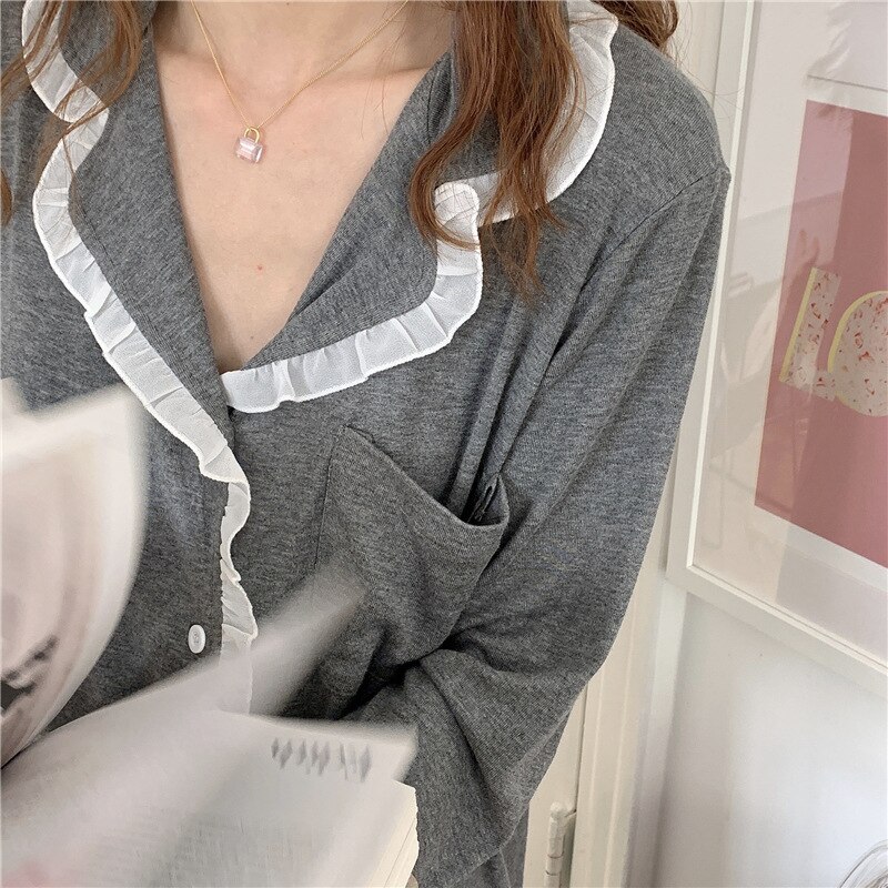 XIFER Pure Cotton Women Pajamas Autumn Style Ruffled Pajamas Long-sleeved Trousers Korean Home Service Two-piece Suit Women