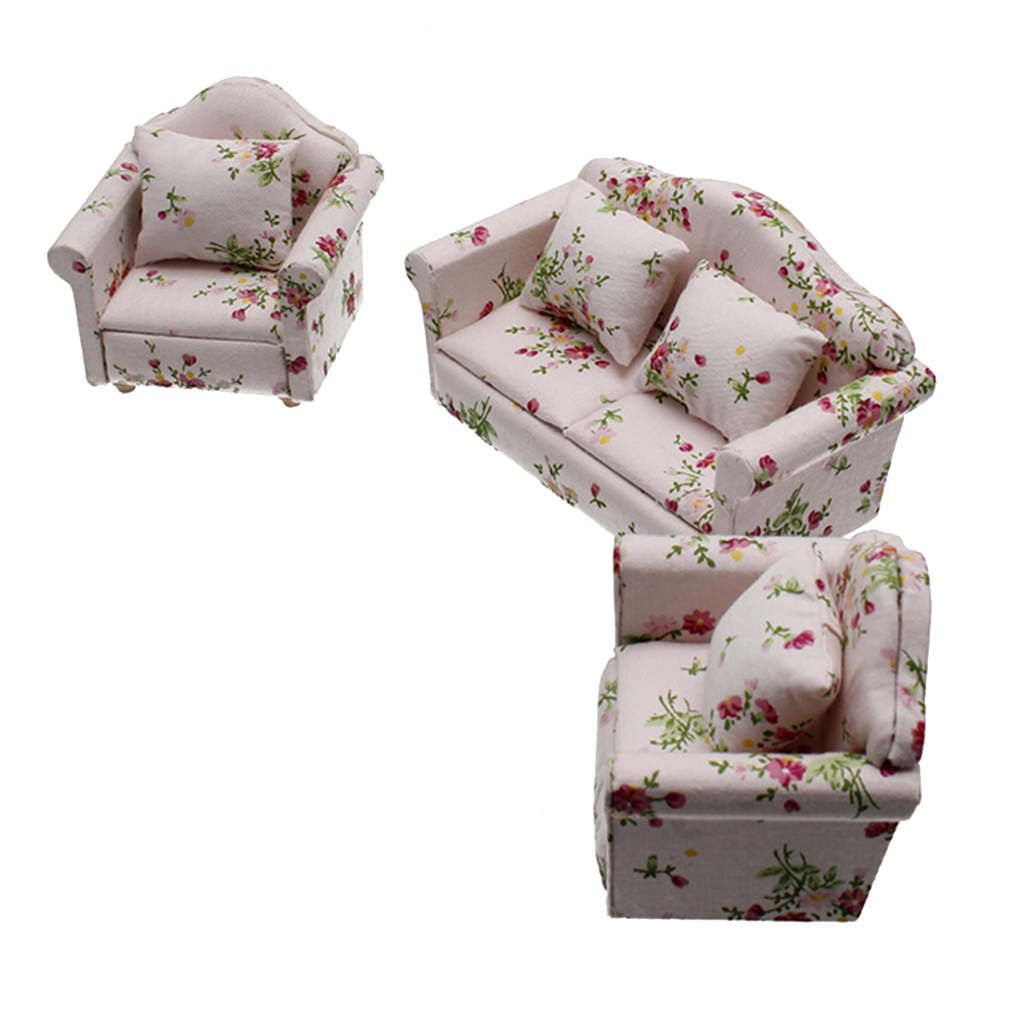 Miniatur Puppenhaus Möbel Gestreiften/Blumen- Sofa Couch mit Kissen für Puppen Haus