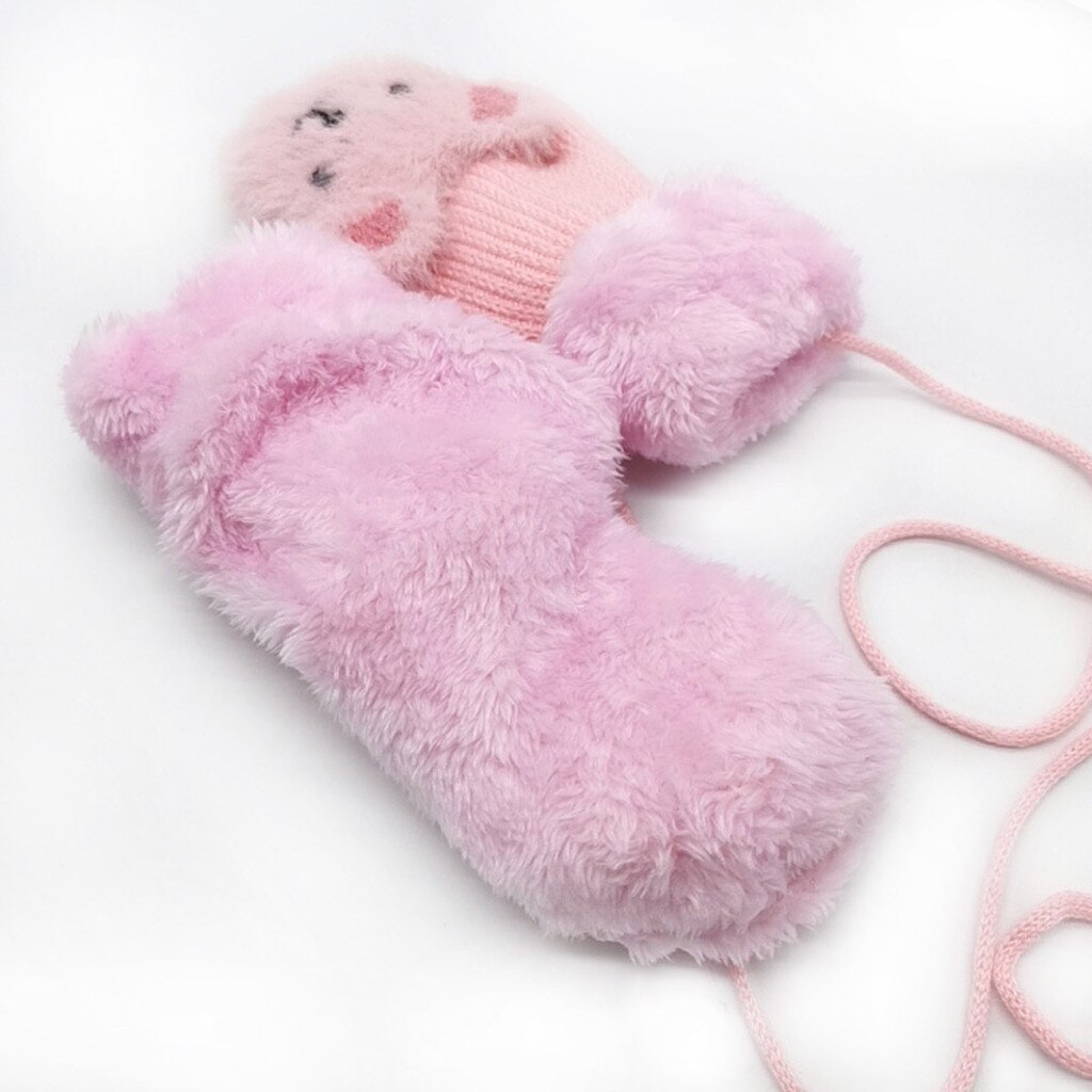 2-7Y Kinder Fäustlinge Kinder Gestrickte Wolle Plus Samt Handschuhe Cartoon Bier Baby Jungen Mädchen Volle Finger Warme Handschuhe Halten mit seil