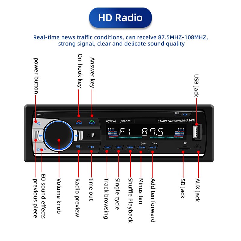 Peerce 1 Din Auto MP3 Multimedia Speler Bluetooth Autoradio Autoradio Radio Fm Aux Ingang Ontvanger Sd Usb JSD-520 12V In-Dash