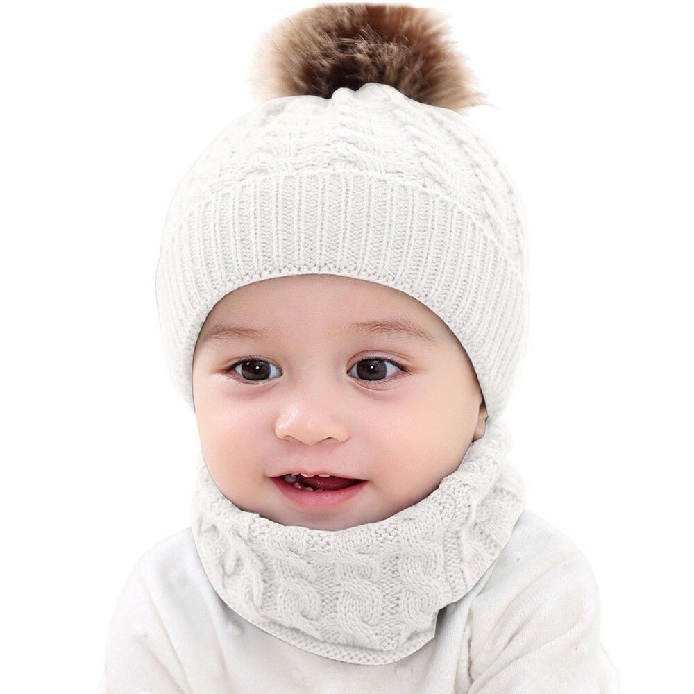Newborn Baby Knit Hat+scarf Children Baby Boy Girl Kids Infant Winter Pompom Ball Knit Hat Caps Casual Beanie Bonnet #FS: White