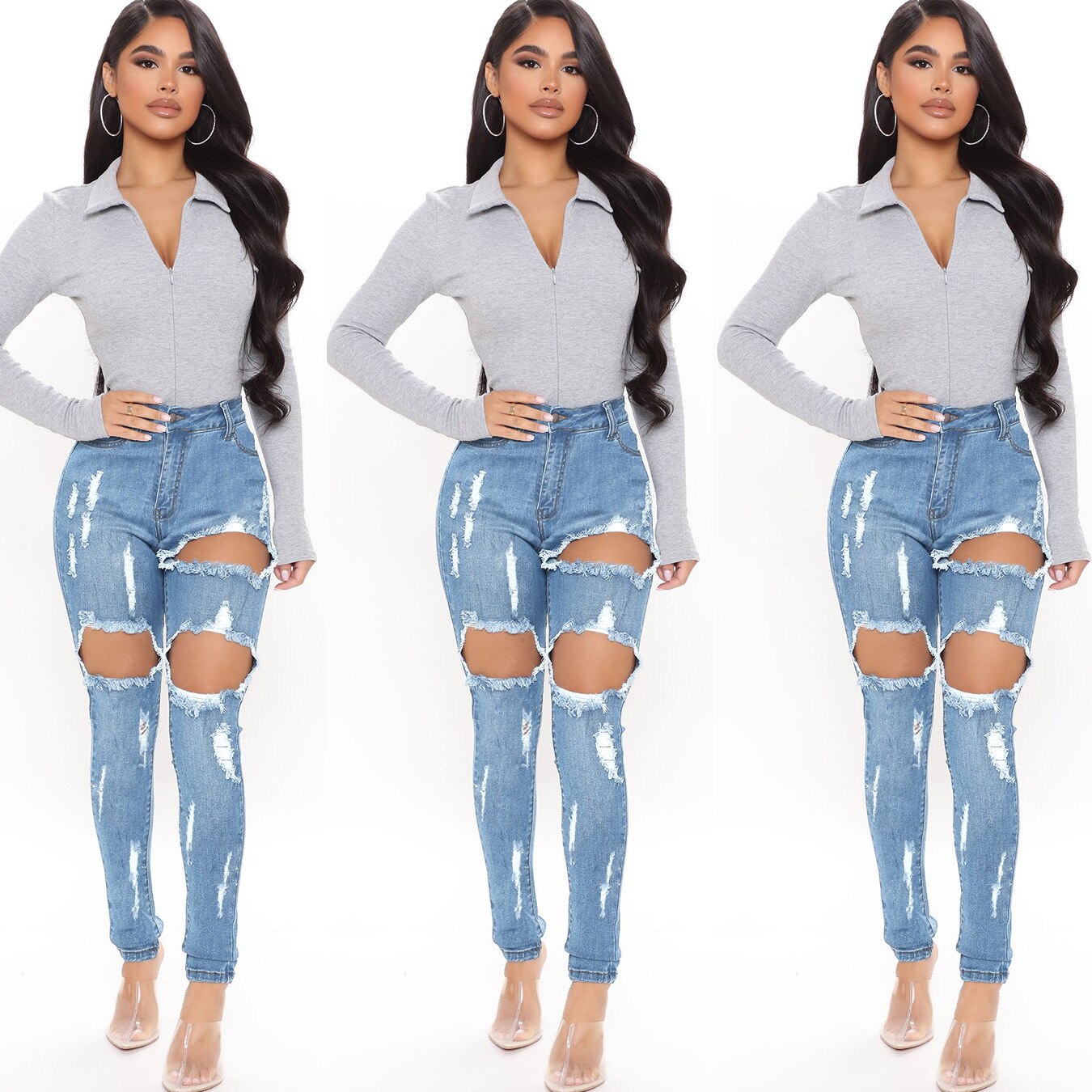 FNOCE femmes déchiré jean pantalon sexy trens taille haute mince serré stretch trou complet denim crayon pantalon