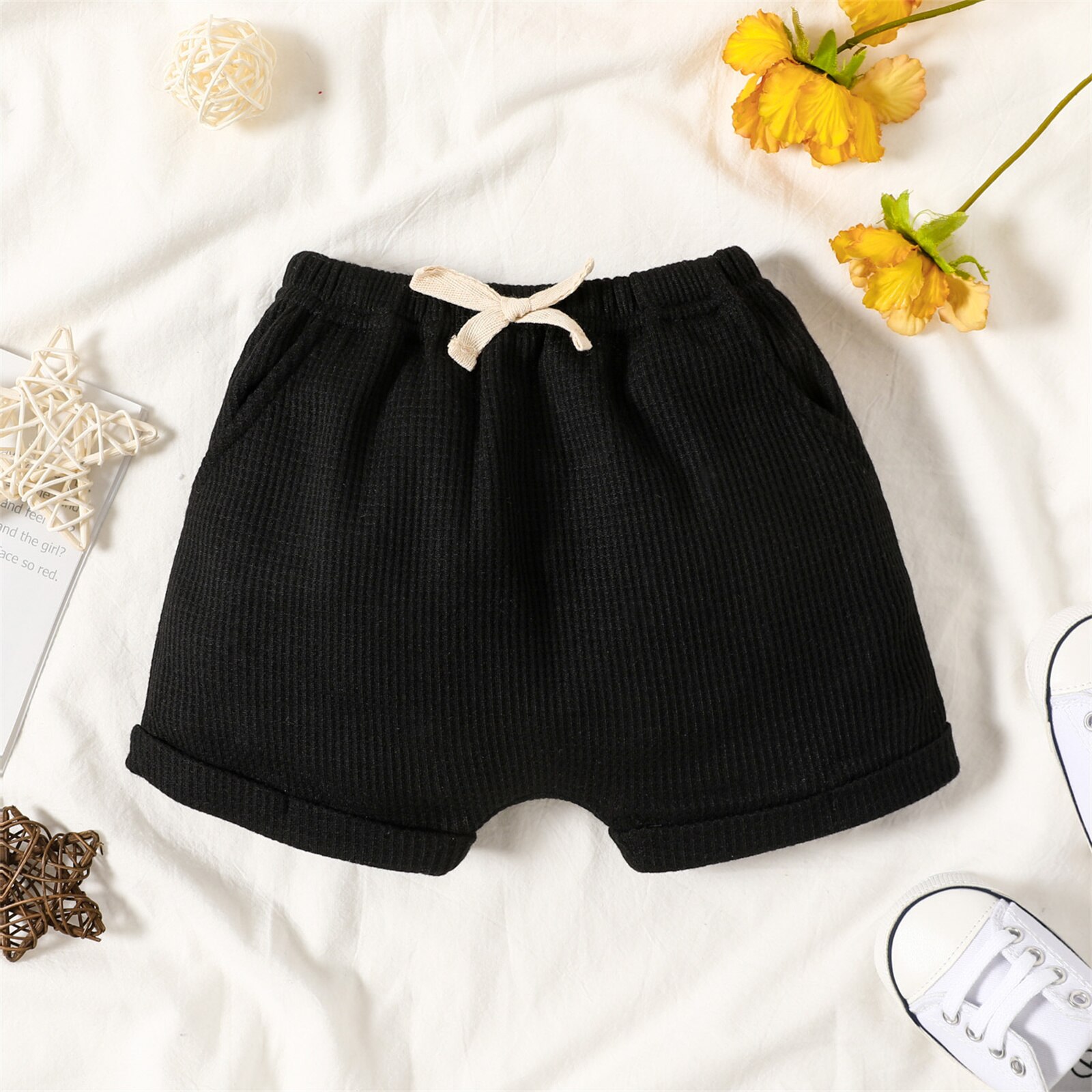 PatPat – short taille élastiquée pour bébé garçon, avec poches, couleur unie: Black / 18-24 Months