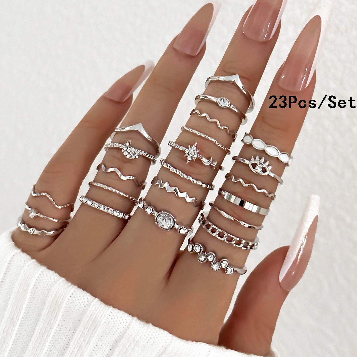 23 Uds. Conjunto de anillos para nudillos a la para mujer, estrella de cristal, Luna, ola de ojo, anillos de Color dorado y plateado, de joyas de a la para mujer: Blanco