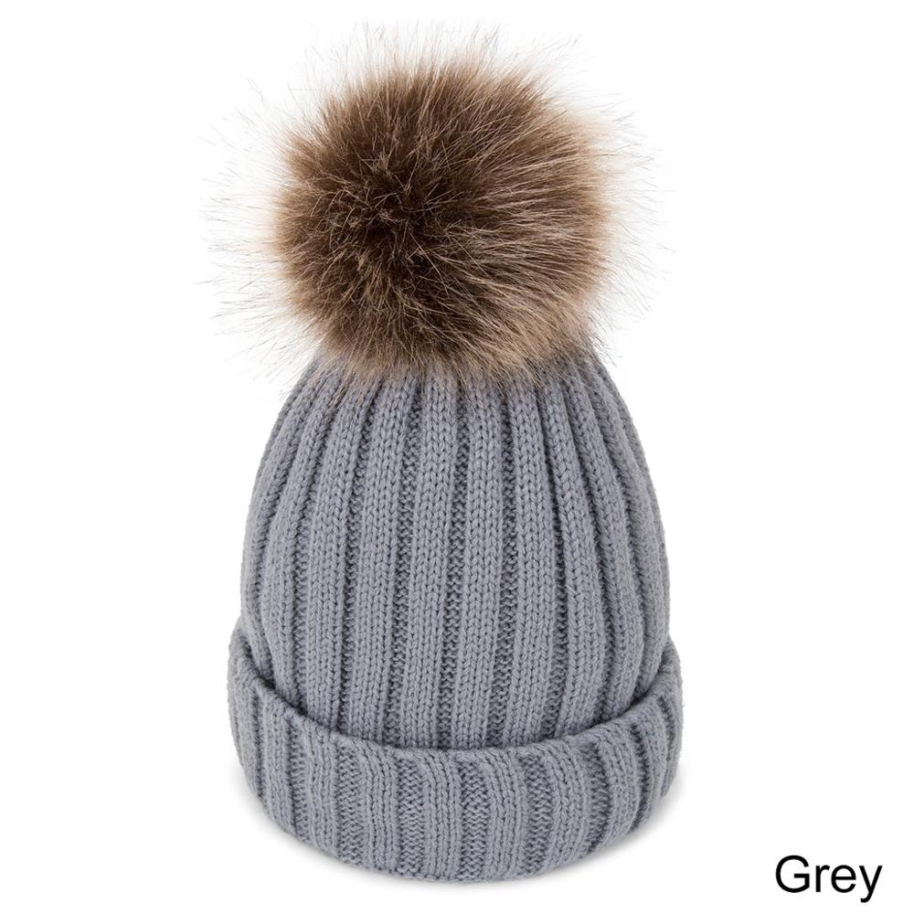 Women's Winter Hats Knit Plus Velvet Warm Beanie Hat Ladies Solid Color Pom-pom Hat Clothing Accessories: grey