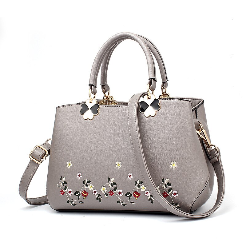 Women Bag Women Leather Handbag Women Shoulder Bag Crossbody Handbag Big Boston Flower Embroideried Rivets Chinese Style: Gray