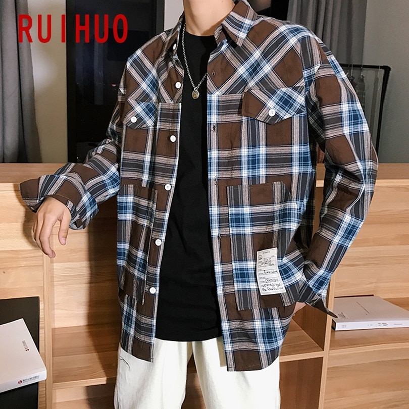 Ruihuo våren casual rutete skjorte herre slim fit koreansk stil mannlige langermede skjorter herre merke pluss størrelse m -3xl