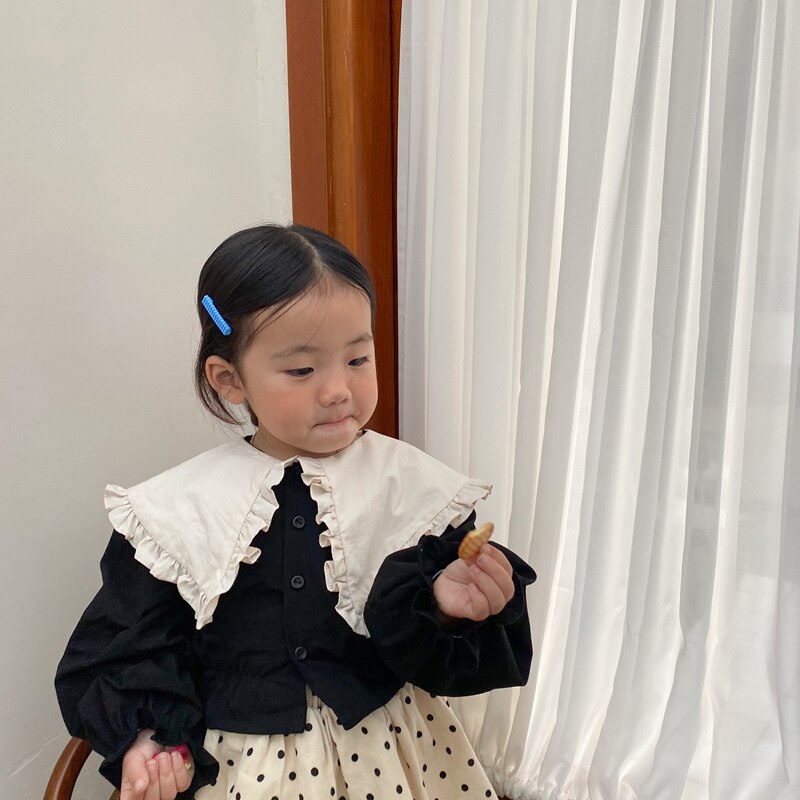 Spring Korean girls' big lapel long sleeve shirt girls' short waist top kids girl