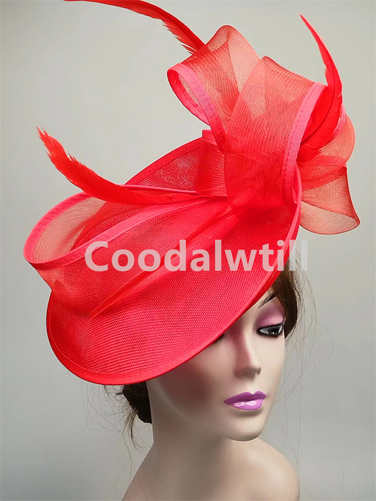 Wedding Party Veil Hair Fascinator Hats Laides Cocktail Bride Marriage Headpiece Ladies Cocktail Race Chapeau Cap With Headband: Red