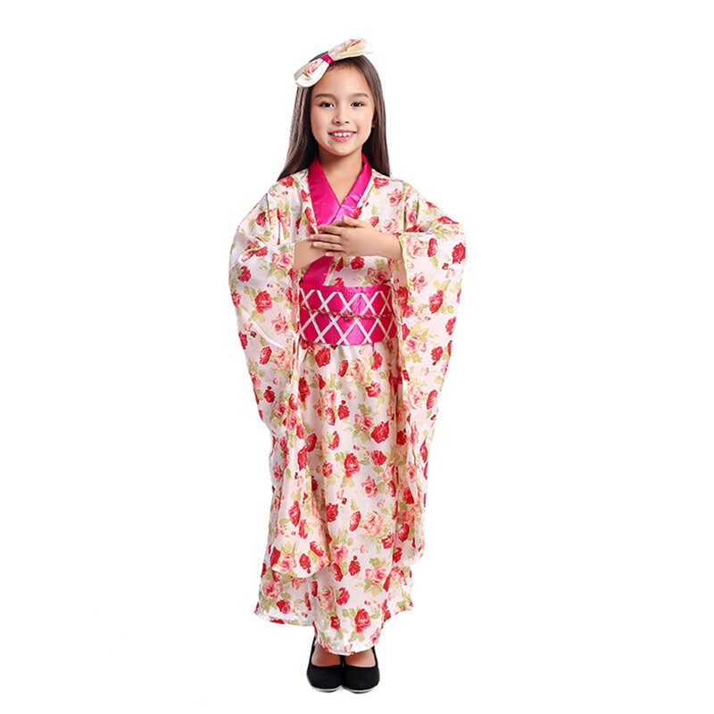 Asian Girls Harajuku Japanese Haori Kimono Costumes Obi Clothing Set Kids Petals Floral Print Yukata Stage Dance Dress Robe: L