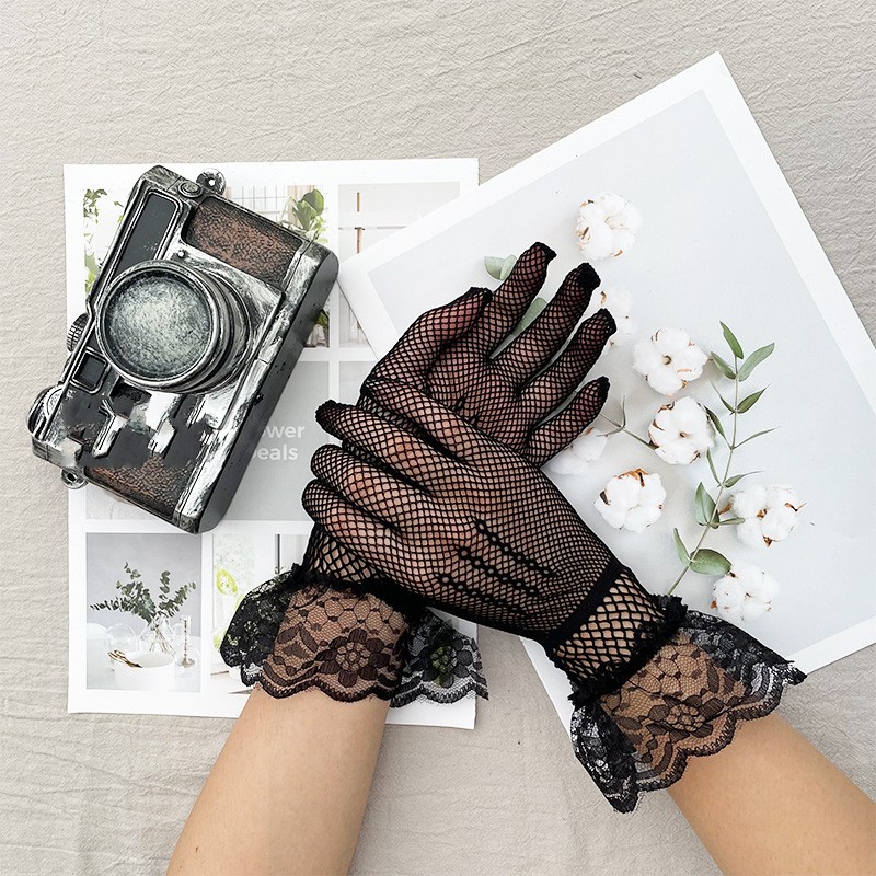 Women Summer Uv-proof Sun Protection Driving Gloves Bridal Mesh Fishnet Lace Flower Gloves Mittens Full Finger Hand Sleeve 2022: Style 02 Black