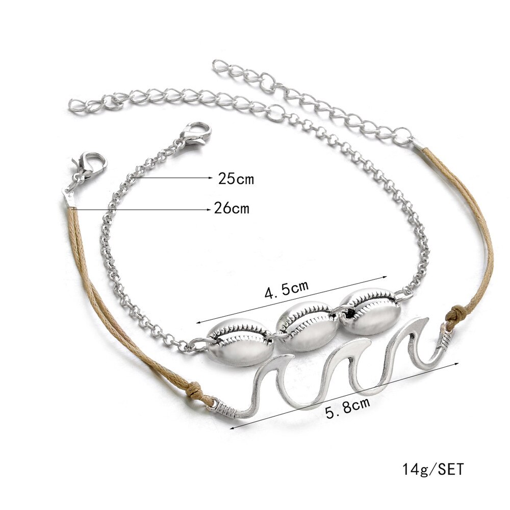 2PC Bohemia Wave Anklets Alloy Bracelets for Women Rope Beach Anklet Jewelry Ankle Bracelet Women