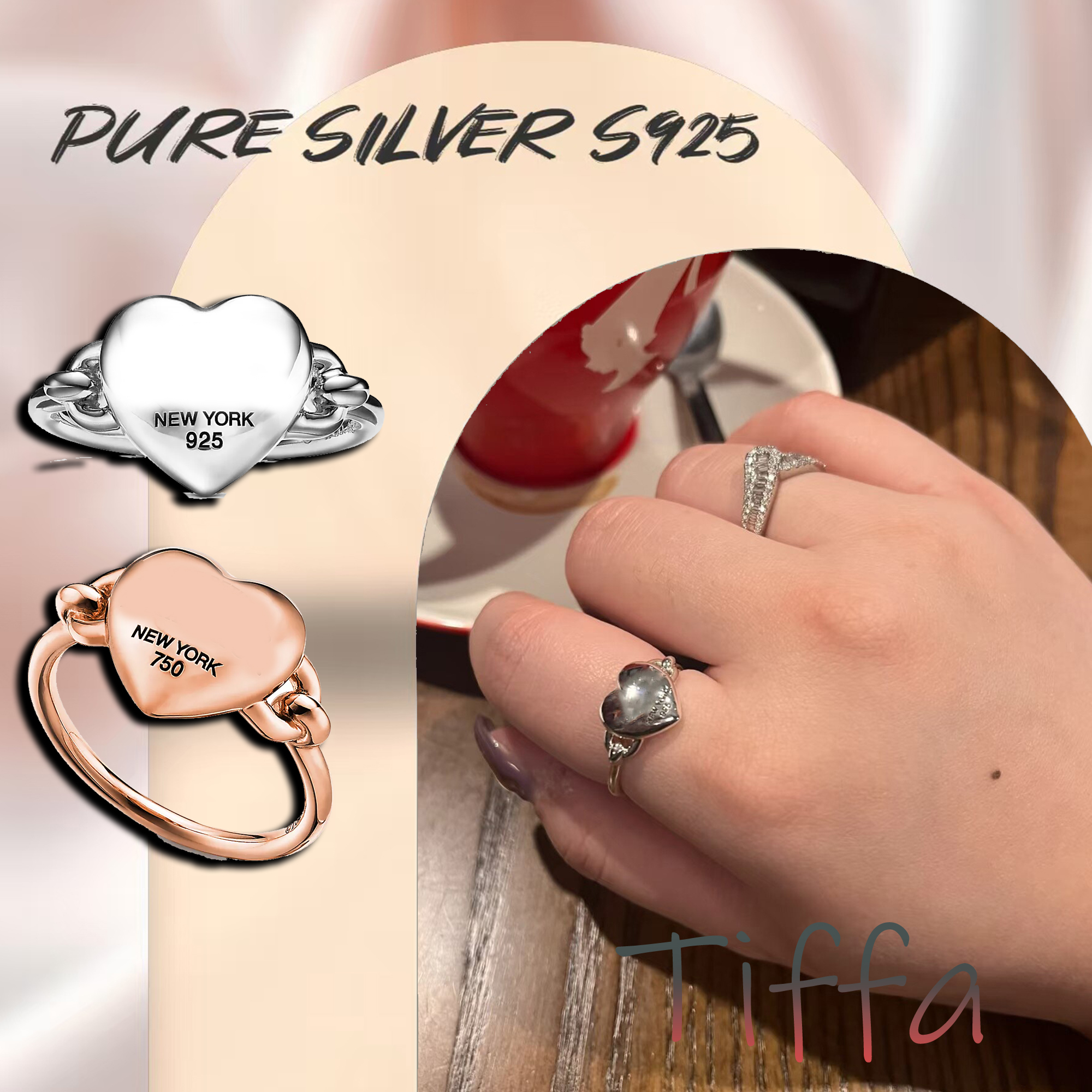 Joyería de lujo, anillo de plata pura con temperamento minimalista en forma de corazón, anillo de mujer S925 para regalar a esposa y novia