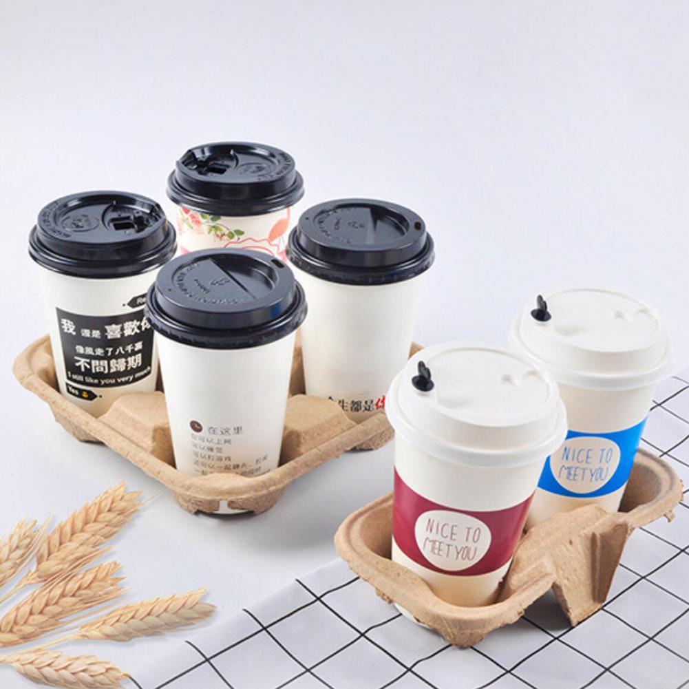 50pcs Disposable Pulp Cup Holder 2/4 Cup Drink Carrier Biodegradable Cup Holder Takeout Coffee Cup Holder for Takeaway Shops