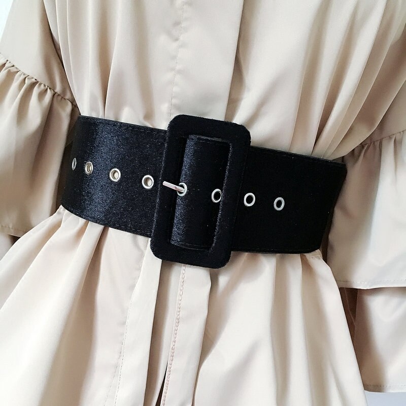 Ceinture Punk Rock pour femmes, avec boucle ardillon argentée, large, pour robe de soirée, en flanelle noire