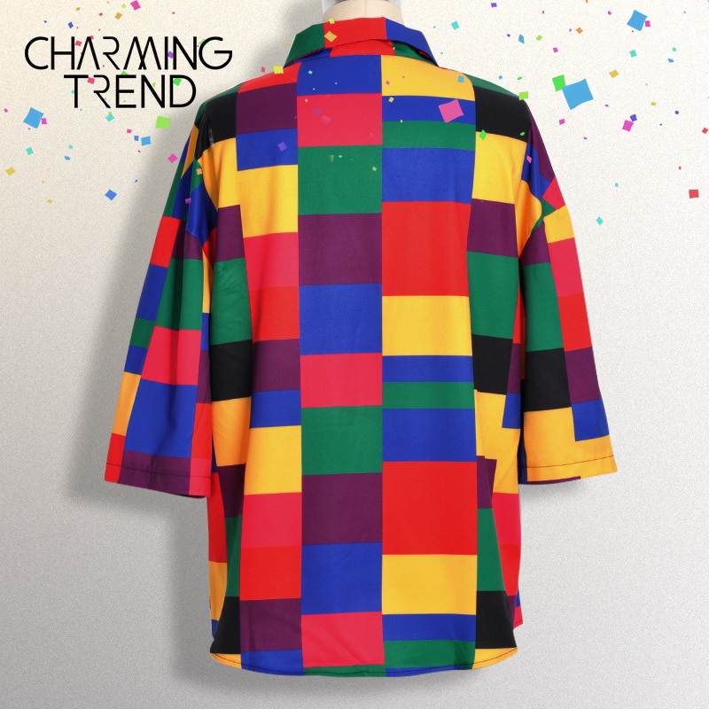 Dame bluse topp geometriske mønstre fargerike harajuku preppy unge jenter vintage skjorte streewear sommer kvinner løse klær